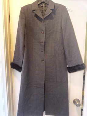 Womens Gray Long Wool-Blend Coat with Fur Cuffs